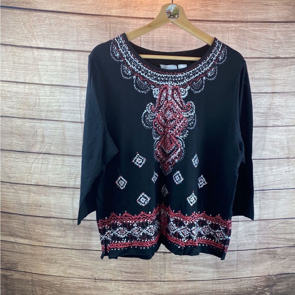 Alfred Dunner Black Scoop Neck Tunic with Red and White Embroidery